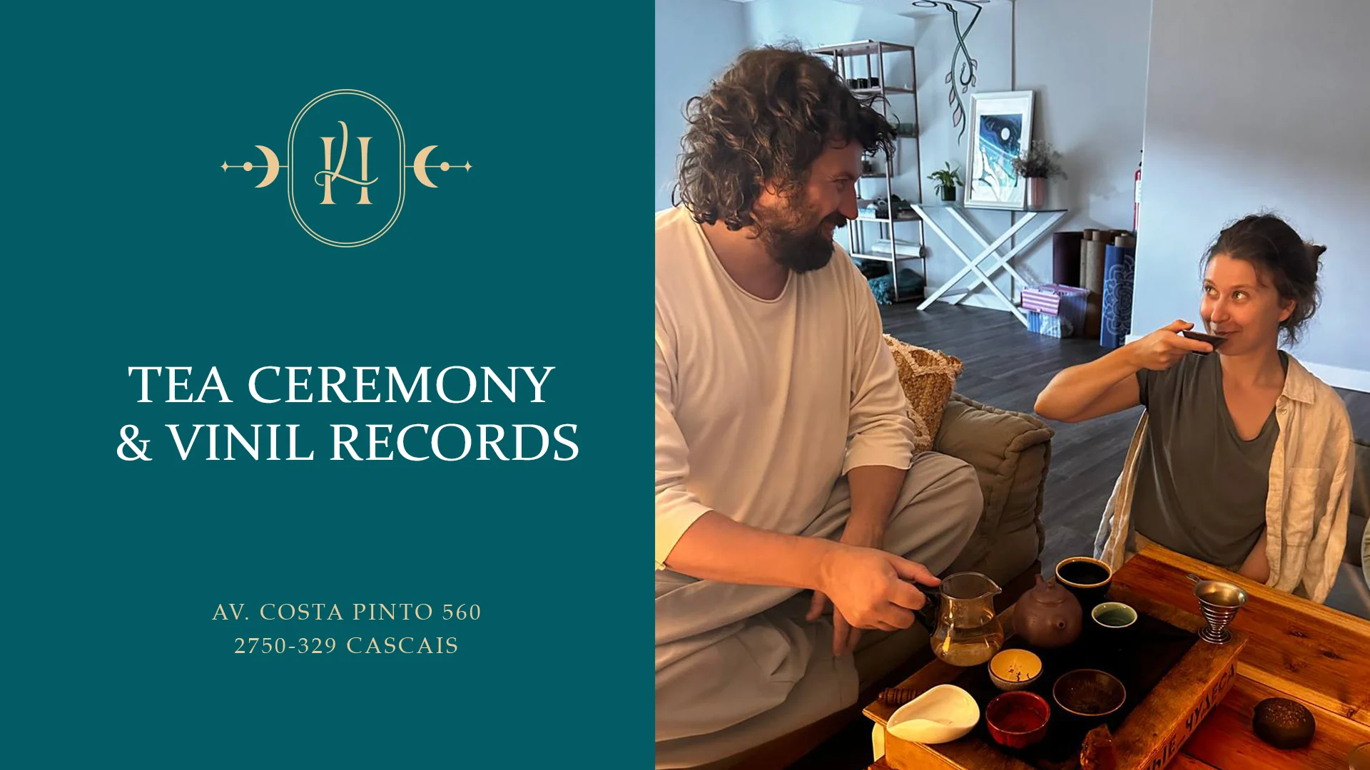 two people drinking tea in a cozy atmosphere listening to vinyl records and meditating